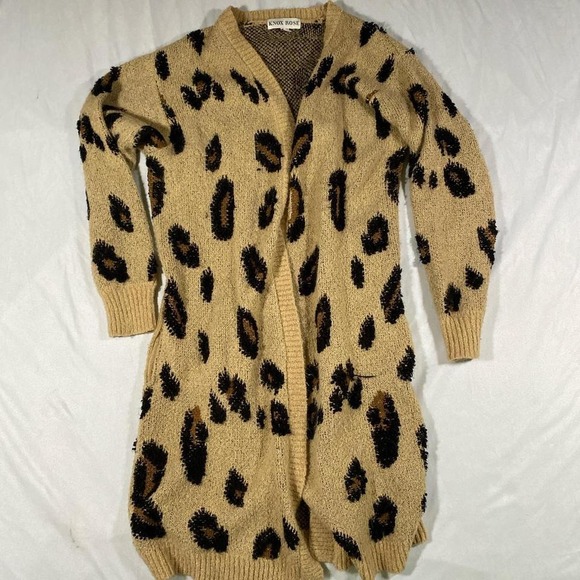 Knox Rose Leopard Print Longline Cardigan Sweater Small Open Front Coatigan - Picture 1 of 2